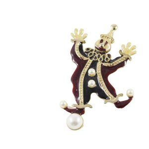 Vintage Gold & Enamel Clown Brooch With Faux Pearls
